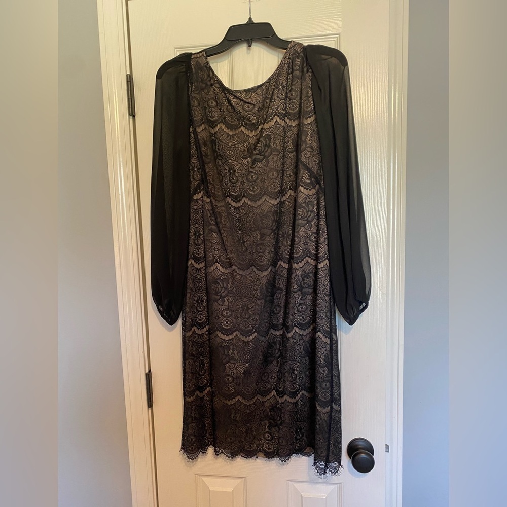 Evan Picone Black and Gray Lace Long Sleeve Dress
